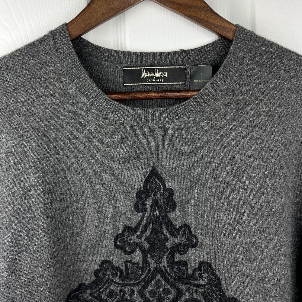 Neiman Marcus Sweater Womens Small Gray Cashmere Crewneck Cross Graphic Pullover